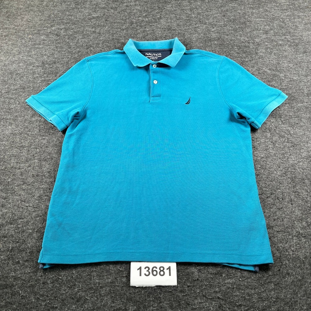 Nautica Performance Deck Polo Shirt Mens Large Blue Cotton Classic Fit Side Slit